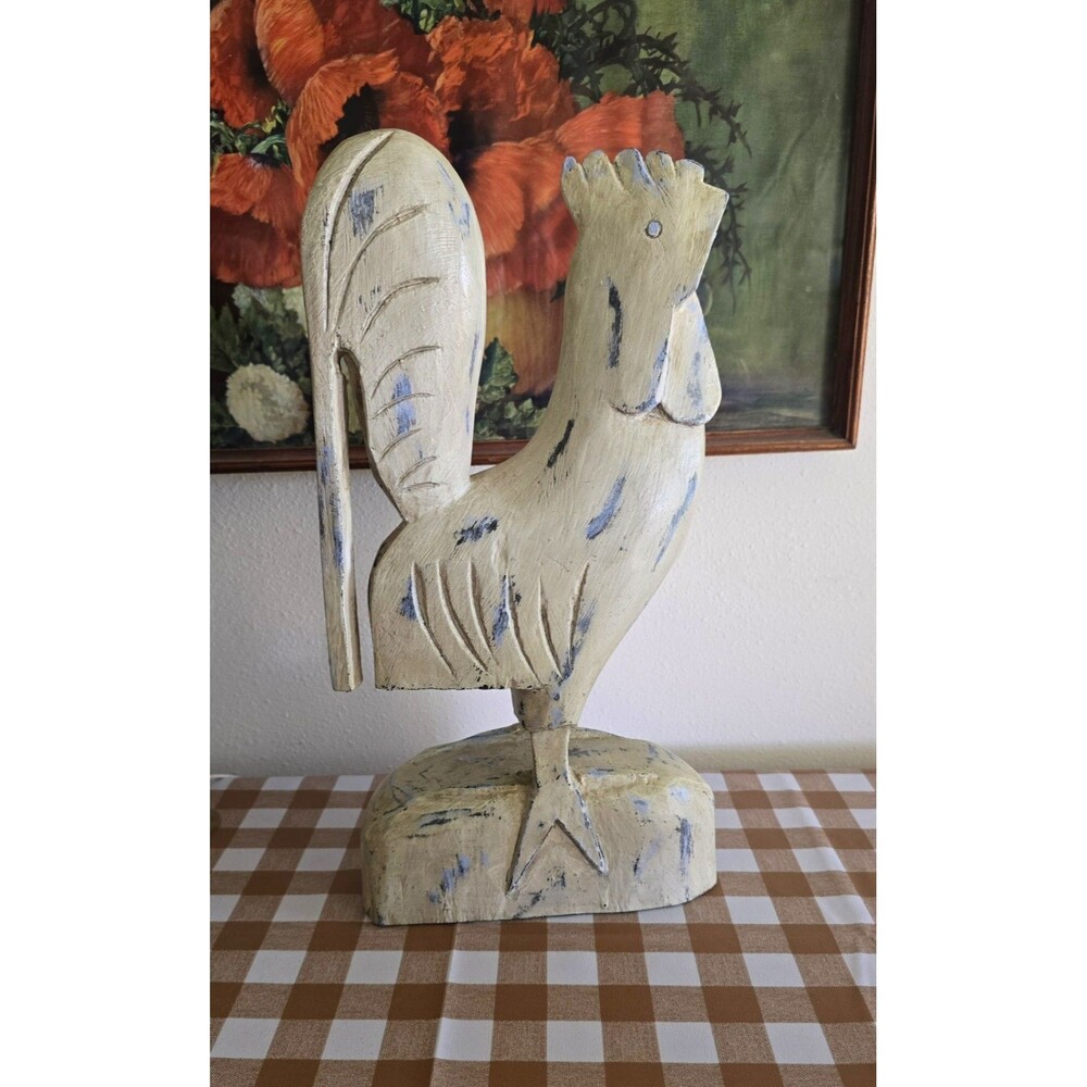 Hand Carved Distressed Painted Wood Folk Art Chicken / Rooster - 15" Tall